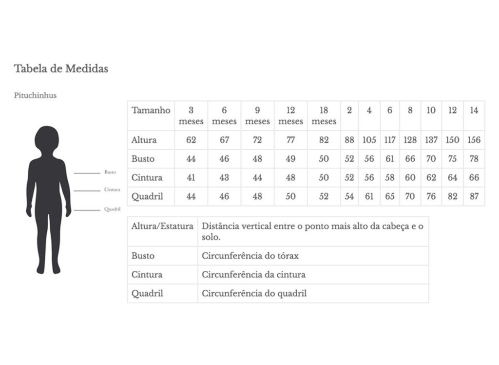 Essa é a tabela de medidas para as roupas da marca Pituchinhus
