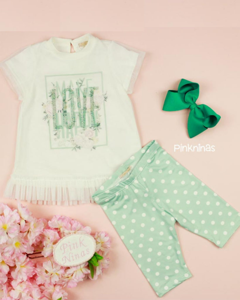 conjunto infantil branco e verde Petit Cherie de blusa e calça, malha e tule