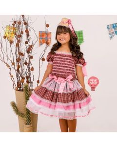 Vestido Infantil de Festa Junina Rosa Xadrez Corpo de Lastex