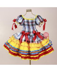Vestido Infantil de Festa Junina Xadrez com Saia de Camadas com Corpo de Lastex