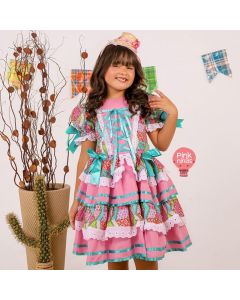 Vestido Infantil de Festa Junina Rosa Patchwork Floral com Lastex nas Costas