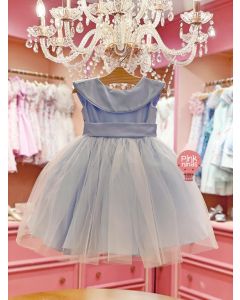 Vestido de Festa Infantil Luxo Azul Laço Costas + Broche Flores
