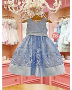 Vestido de Festa Infantil Luxo Azul Saia Rendada Laço Costas + Broche Flores