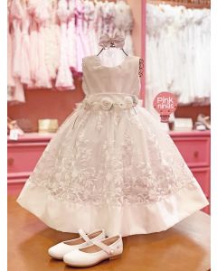Vestido de Festa Infantil Luxo Branco Saia Renda Laço Costas + Broche Flores