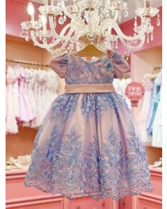 Vestido de Festa Infantil Luxo Rosa e Azul Rendado Laço Costas + Broche Flores