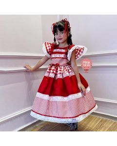 Vestido Infantil de Festa Junina Luxo Vermelho Xadrez Detalhes Renda