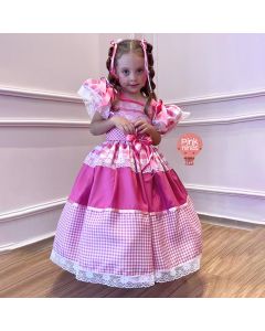 Vestido Infantil de Festa Junina Luxo Rosa Xadrez Detalhes Renda