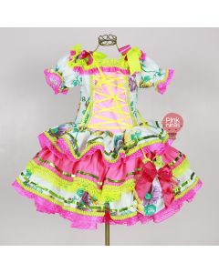 Vestido Infantil de Festa Junina Luxo Floral Multicolorido com Toque Neon  + Bolsinha