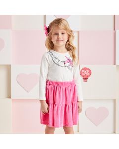Conjunto Infantil Momi de Blusa Off White e Saia-Short Pink Glitter Luz