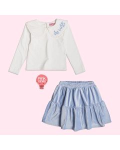 Conjunto Infantil Azul Momi de Blusa Manga Longa e Shorts-Saia So Cute