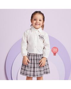Conjunto Infantil Momi de Camisa Off White e Saia-Short Xadrez College