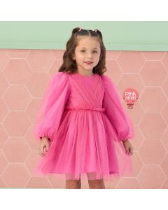 Vestido de Festa Infantil Pink Mon Sucré Manga Longa Tule Brilho