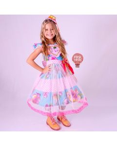 Vestido Infantil de Festa Junina Luxo Floral Coração Tule Sobreposição