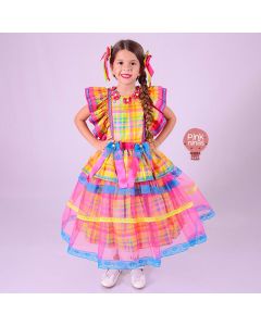 Vestido Infantil de Festa Junina Luxo Xadrez Multicolorido Xote de Menina