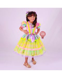 Vestido Infantil de Festa Junina Luxo Xadrez Multicolorido Alegria Neon