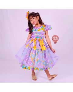 Vestido Infantil de Festa Junina Luxo Lilás Maria Floral