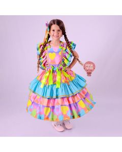 Vestido Infantil de Festa Junina Luxo Multicolorido Corações - 100% Algodão