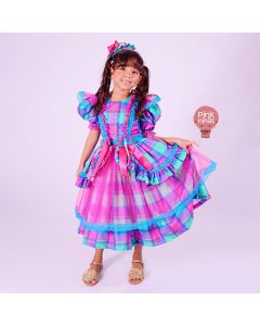 Vestido Infantil de Festa Junina Luxo Xadrez Multicolorido Tule Pink