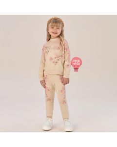 Conjunto Infantil Petit Cherie de Blusa Manga Longa e Calça Flores Aplique Brilho