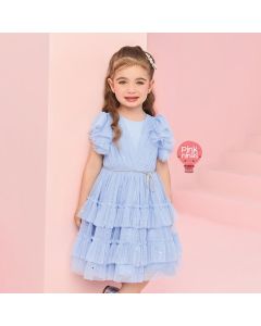 Vestido de Festa Infantil Azul Petit Cherie Tule Brilho Anna